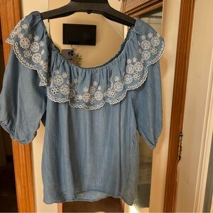 Time and Tru Blue Ruffled Blouse with White Embroidery